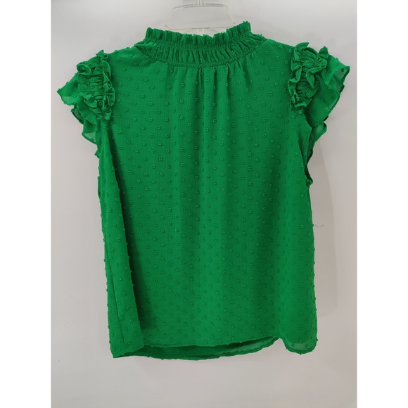 CeCe Women's Ruffle Sleeve Mock Neck Swiss Dot Blouse Top Green Size M - Picture 1 of 8